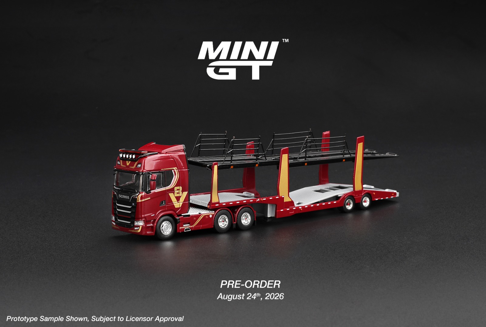 PREORDER SCANIA 770S A6X4NA CAR TRANSPORTER V8 50TH ANNIVERSARY WITH CAR TRANSPORTER RED