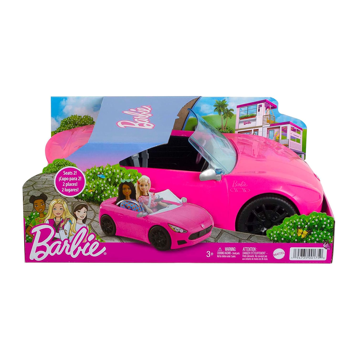 BARBIE CONVERTIBLE 2-SEATER PINK CAR WITH ROLLING WHEELS