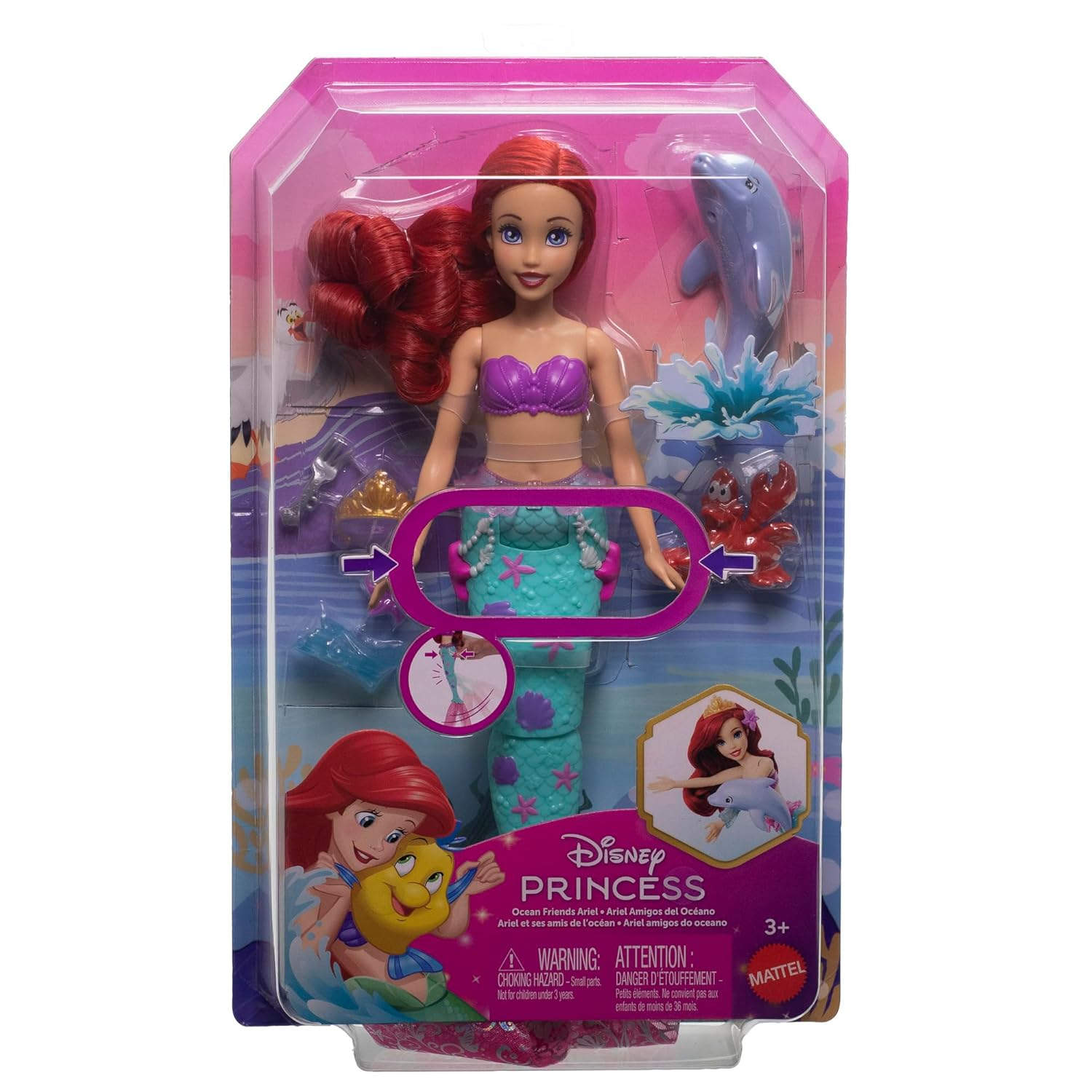MATTEL DISNEY PRINCESS ARIEL SWIMMING MERMAID FASHION DOLL WITH DOLPHIN WATER SQUIRTER, SEBASTIAN FIGURE & 4 ACCESSORIES