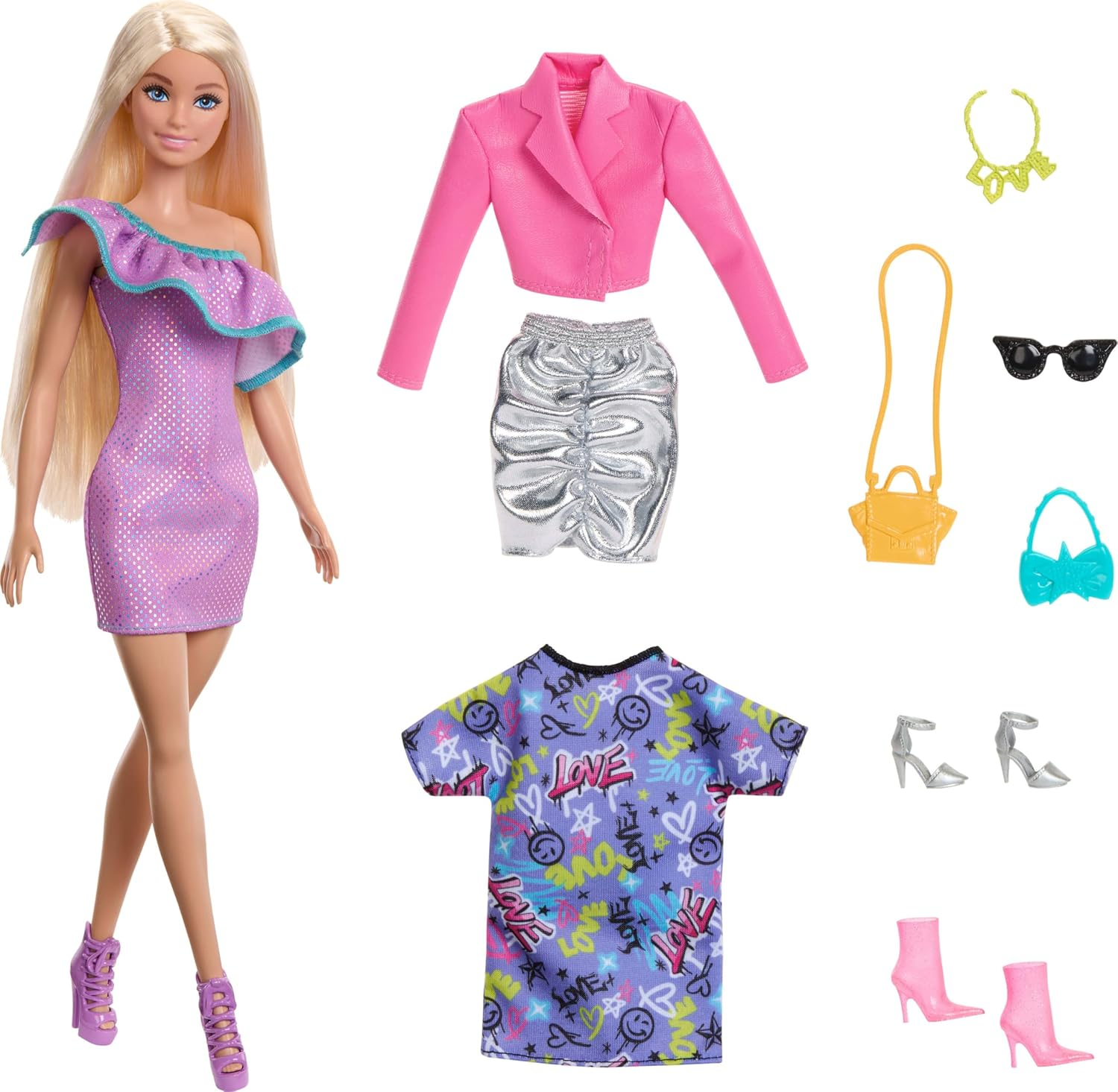 BARBIE DOLL WITH CLOTHES AND ACCESSORIES, BLOND HAIR AND 3 PARTY-THEMED MIX-AND-MATCH OUTFITS INCLUDING DRESSES, PURSES AND HEELS