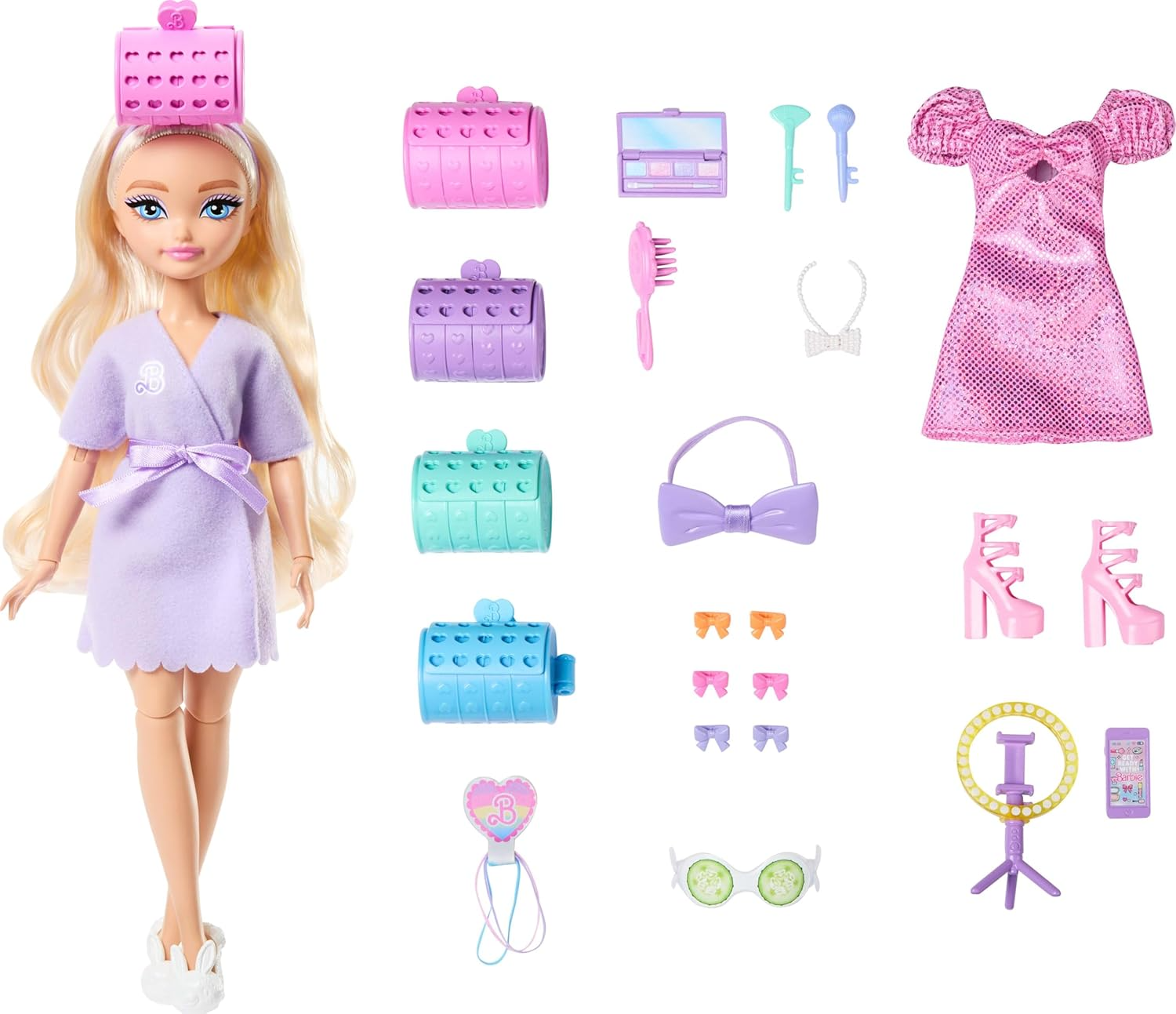 BARBIE DREAM BESTIES GET READY WITH MALIBU FASHION DOLL WITH 15 STYLING ACCESSORIES, INCLUDING HAIR CURLERS