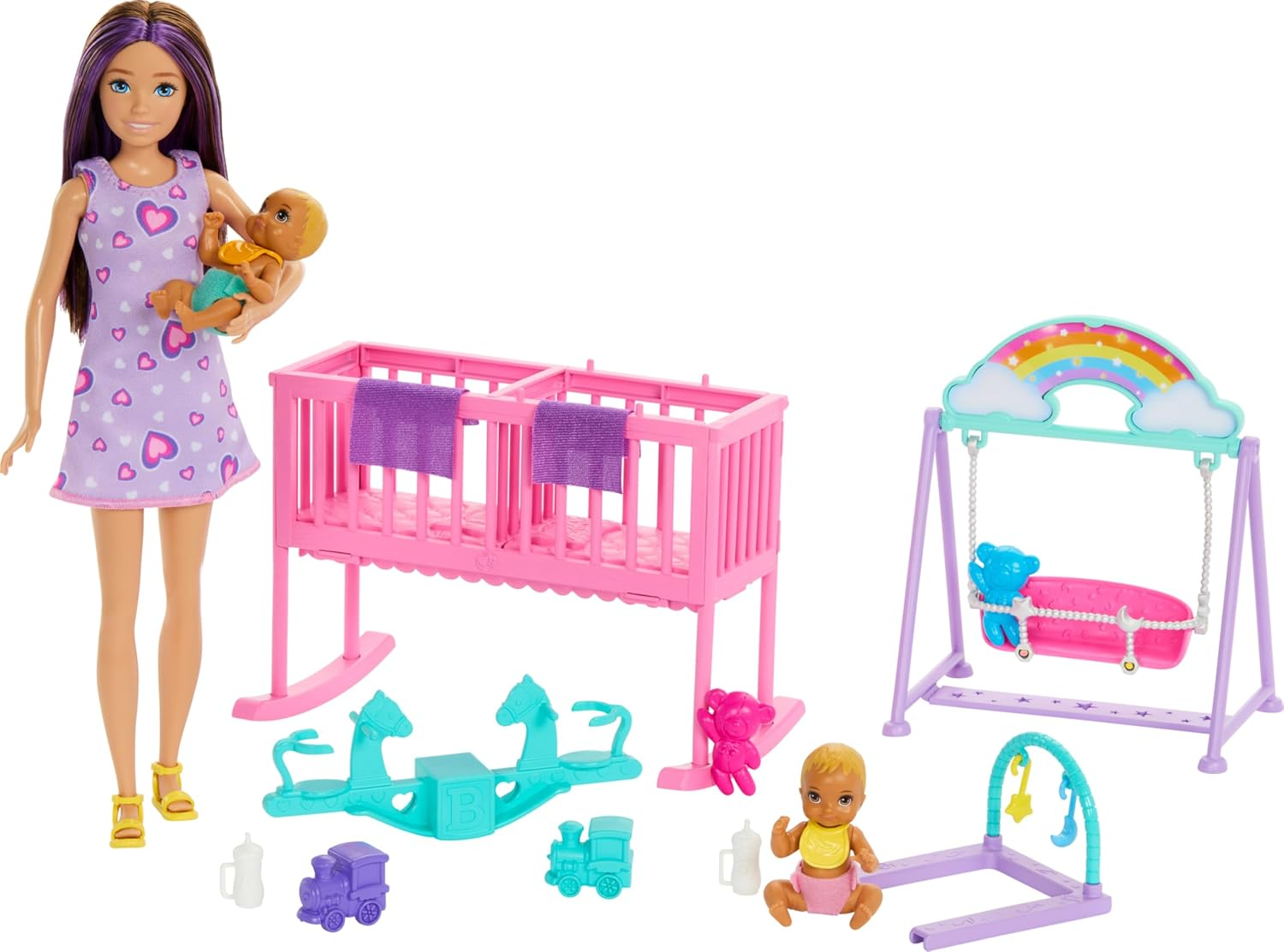 BARBIE SKIPPER DOLL & NURSERY PLAYSET WITH ACCESSORIES, INCLUDES TWIN BABY DOLLS, CRIB, SWING, SEE-SAW & MORE