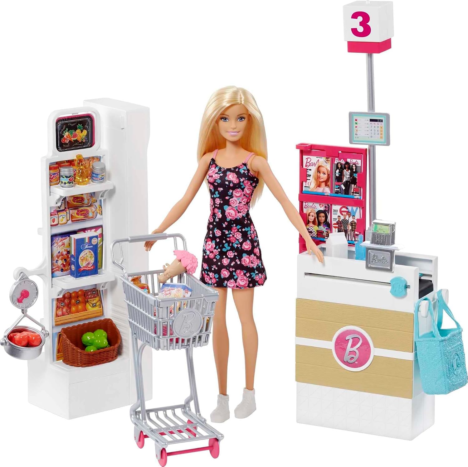 BARBIE DOLL BLONDE AND GROCERY STORE WITH ROLLING CART AND WORKING BELT