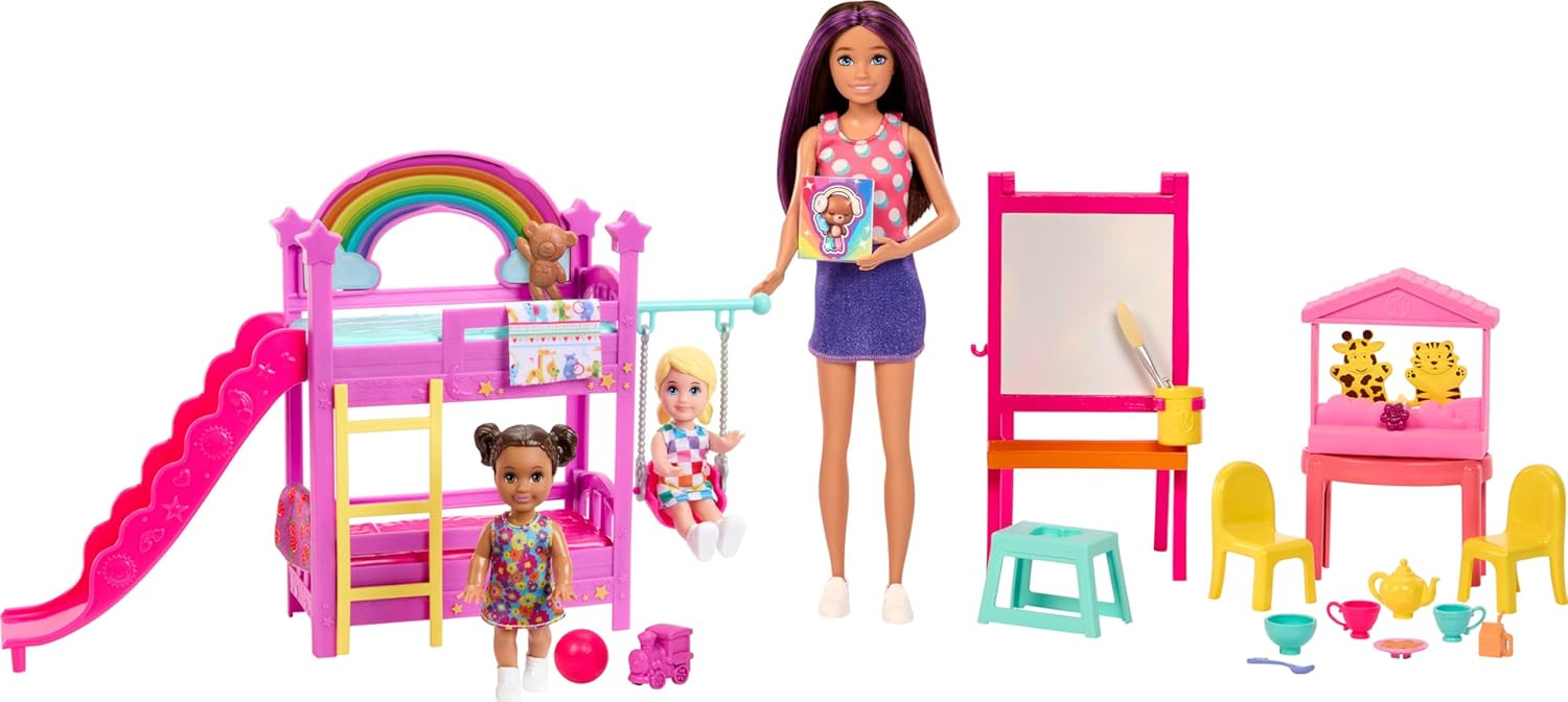 BARBIE SKIPPER BABYSITTERS ULTIMATE DAYCARE PLAYSET WITH 3 DOLLS, FURNITURE & 15+ ACCESSORIES, INCLUDES BUNK BEDS & COLOR-CHANGE EASEL