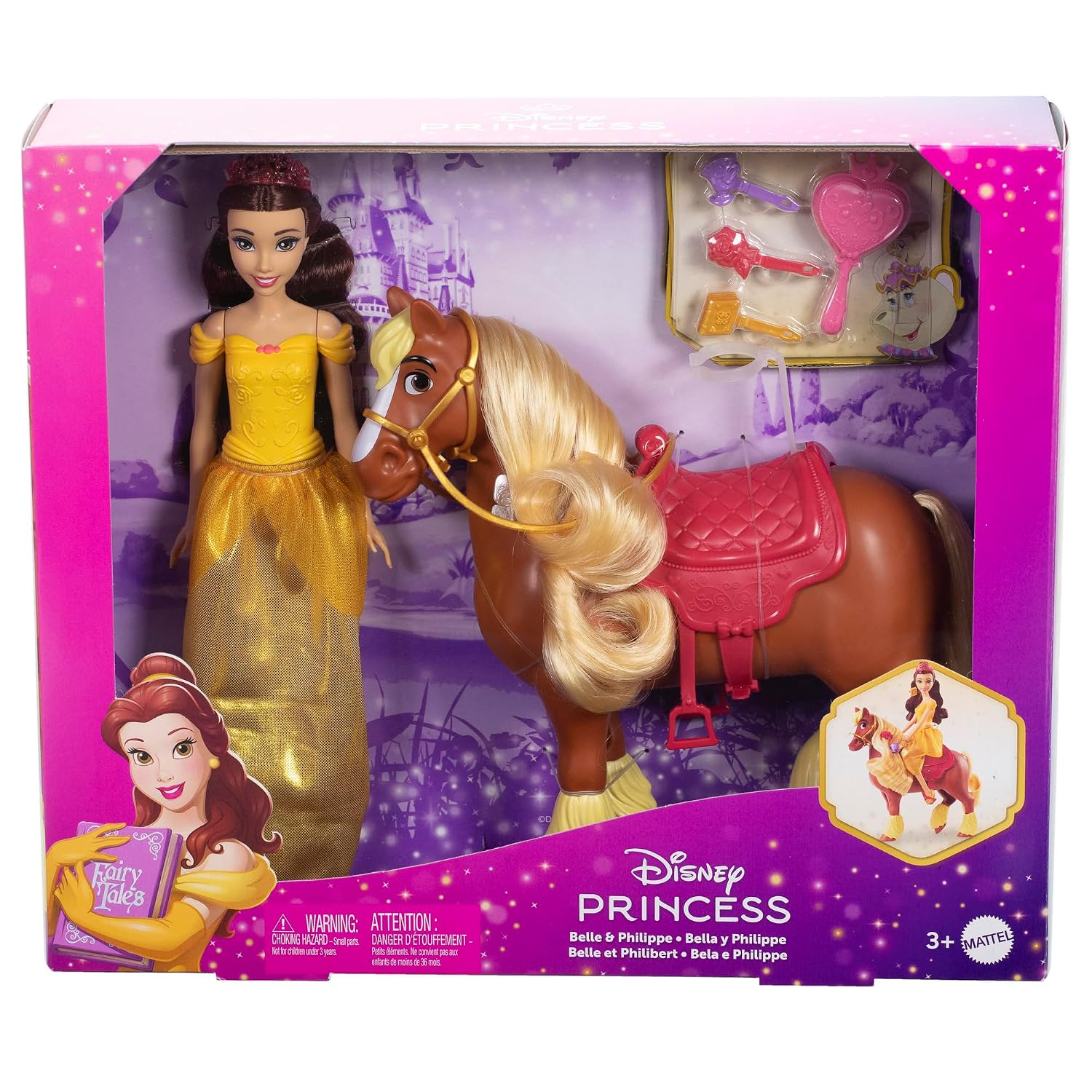 DISNEY MATTEL PRINCESS TOYS, BELLE FASHION DOLL & PHILIPPE HORSE WITH SADDLE, BRUSHABLE MANE & TAIL & 4 STYLING ACCESSORIES,