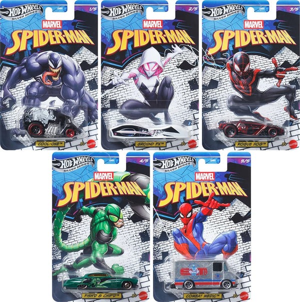 HOT WHEELS SILVER SERIES MARVEL SPIDERMAN SERIES SET OF 5 CAR