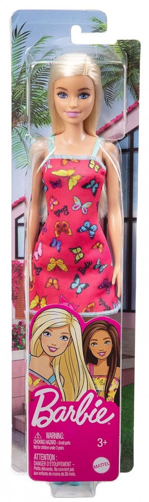 BARBIE DOLL WITH COLORFUL BUTTERFLY LOGO PRINT RED DRESS  STRAPPY HEE