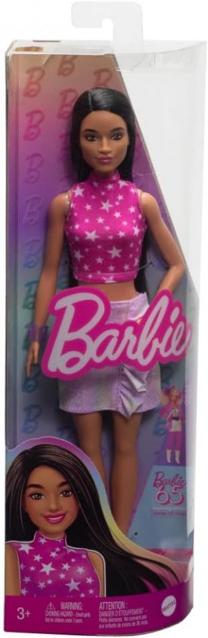 BARBIE FASHIONISTAS WITH BLACK STRAIGHT HAIR PINK STAR-PRINT TOP