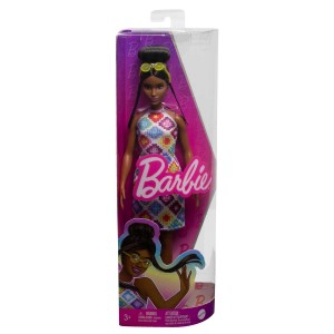 BARBIE FASHIONISTAS DOLL WITH BROWN HAIR IN BUN WEARING COLORFUL CROCH