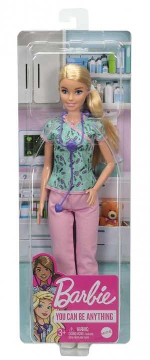 BARBIE NURSE BLONDE DOLL WITH SCRUBS FEATURING A MEDICAL TOOL PRINT TO